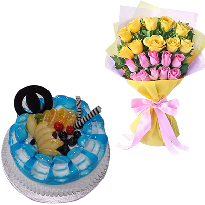 "Yummy Treat - 1kg cake (Brand: Cake Exotica),20 Yellow N Pink Roses - Click here to View more details about this Product